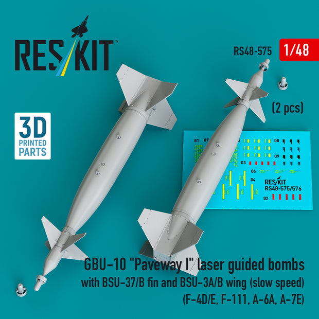 GBU-10 Paveway I laser guided bombs with BSU-37/B fin and BSU-3A/B wing (slow speed) (2 pcs) (F-4D/E, F-111, A-6A, A-7E) (3D Printed) Scale 1:48 ResKit RS48-0575