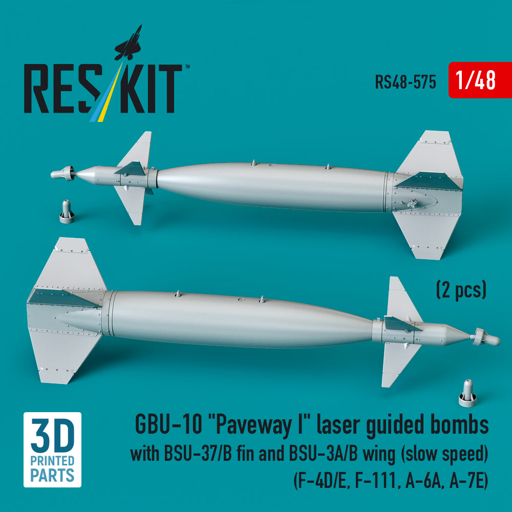 GBU-10 Paveway I laser guided bombs with BSU-37/B fin and BSU-3A/B wing (slow speed) (2 pcs) (F-4D/E, F-111, A-6A, A-7E) (3D Printed) Scale 1:48 ResKit RS48-0575