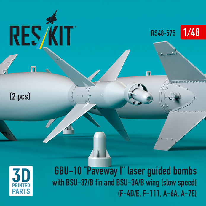 GBU-10 Paveway I laser guided bombs with BSU-37/B fin and BSU-3A/B wing (slow speed) (2 pcs) (F-4D/E, F-111, A-6A, A-7E) (3D Printed) Scale 1:48 ResKit RS48-0575