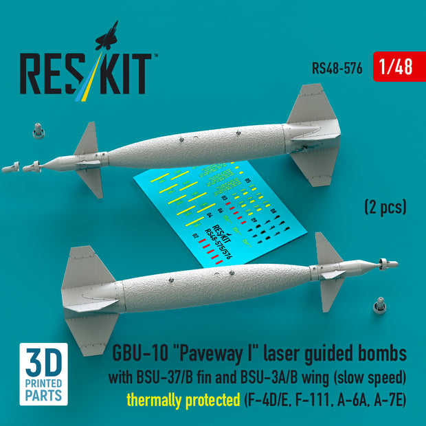 GBU-10 Paveway I laser guided bombs with BSU-37/B fin and BSU-3A/B wing (slow speed) thermally protected (2 pcs) (F-4D/E, F-111, A-6A, A-7E) (3D Printed) Scale 1:48 ResKit RS48-0576