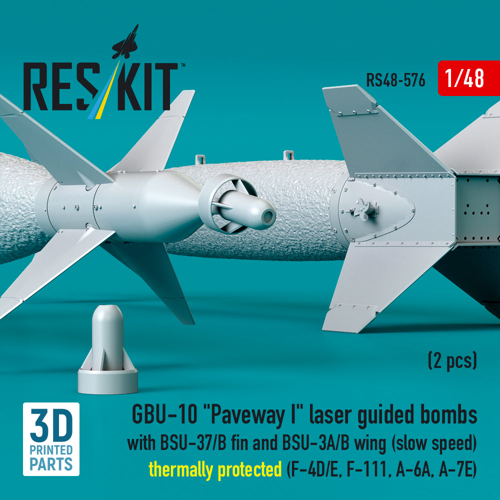 GBU-10 Paveway I laser guided bombs with BSU-37/B fin and BSU-3A/B wing (slow speed) thermally protected (2 pcs) (F-4D/E, F-111, A-6A, A-7E) (3D Printed) Scale 1:48 ResKit RS48-0576