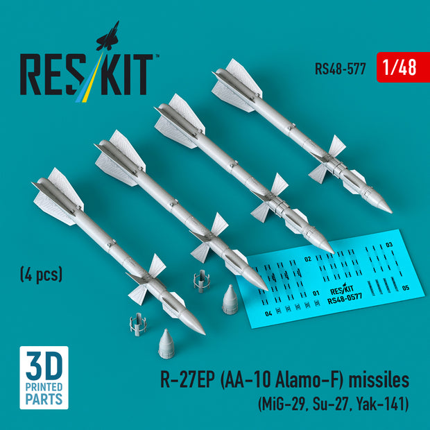 R-27EP (AA-10 Alamo-F) missiles (4 pcs) (MiG-29, Su-27, Yak-141) (3D Printed) Scale 1:48 ResKit RS48-0577