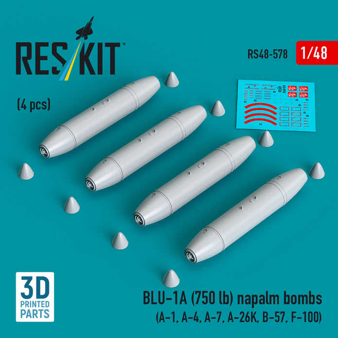 BLU-1A (750 lb) napalm bombs (4 pcs) (A-1, A-4, A-7, A-26K, B-57, F-100) (3D Printed) Scale 1:48 ResKit RS48-0578