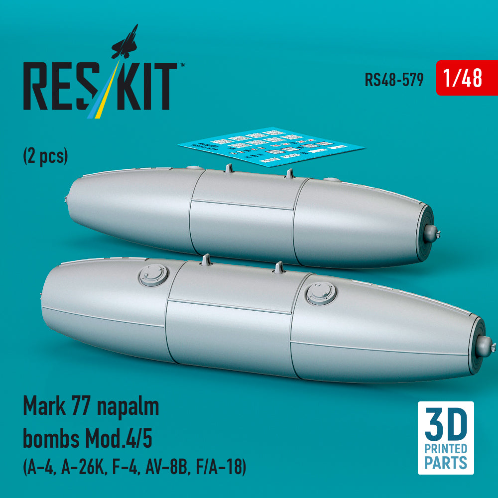 Mark 77 napalm bombs Mod.4/5 (2pcs) (A-4, A-26K, F-4, AV-8B, F/A-18) (3D Printed) Scale 1:48 ResKit RS48-0579