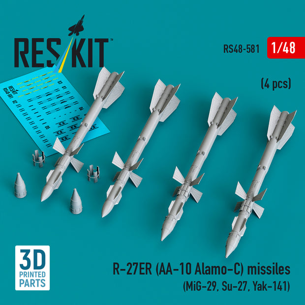 R-27ER (AA-10 Alamo-C) missiles (4 pcs) (MiG-29, Su-27, Yak-141) (3D Printed) Scale 1:48 ResKit RS48-0581