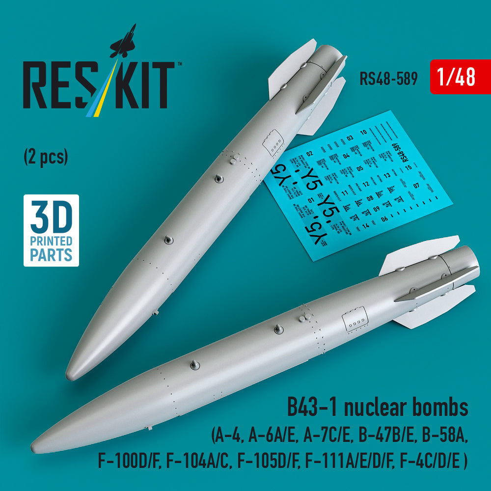 B43-1 nuclear bombs (2 pcs) (A-4, A-6A/E, A-7C/E, B-47B/E, B-58A, F-100D/F, F-104A/C, F-105D/F, F-111A/D/E/F, F-4C/D/E ) (3D Printed) Scale 1:48 ResKit RS48-0589