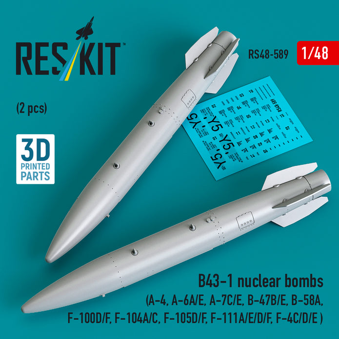 B43-1 nuclear bombs (2 pcs) (A-4, A-6A/E, A-7C/E, B-47B/E, B-58A, F-100D/F, F-104A/C, F-105D/F, F-111A/D/E/F, F-4C/D/E ) (3D Printed) Scale 1:48 ResKit RS48-0589