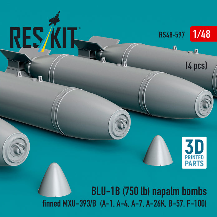 BLU-1B (750 lb) napalm bombs finned MXU-393/B (4 pcs) (A-1, A-4, A-7, A-26K, B-57, F-100) (3D Printed) Scale 1:48 ResKit RS48-0597
