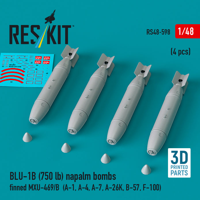 BLU-1B (750 lb) napalm bombs finned MXU-469/B (4 pcs) (A-1, A-4, A-7, A-26K, B-57, F-100) (3D Printed) Scale 1:48 ResKit RS48-0598