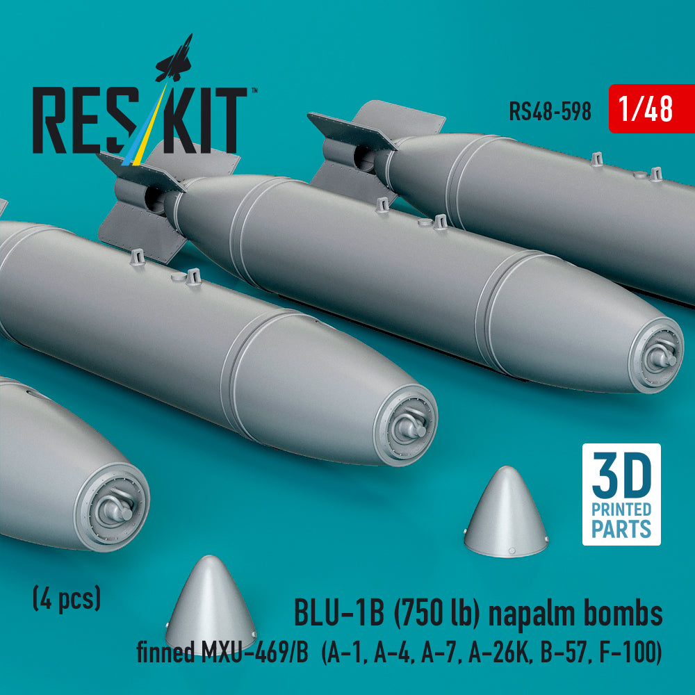 BLU-1B (750 lb) napalm bombs finned MXU-469/B (4 pcs) (A-1, A-4, A-7, A-26K, B-57, F-100) (3D Printed) Scale 1:48 ResKit RS48-0598
