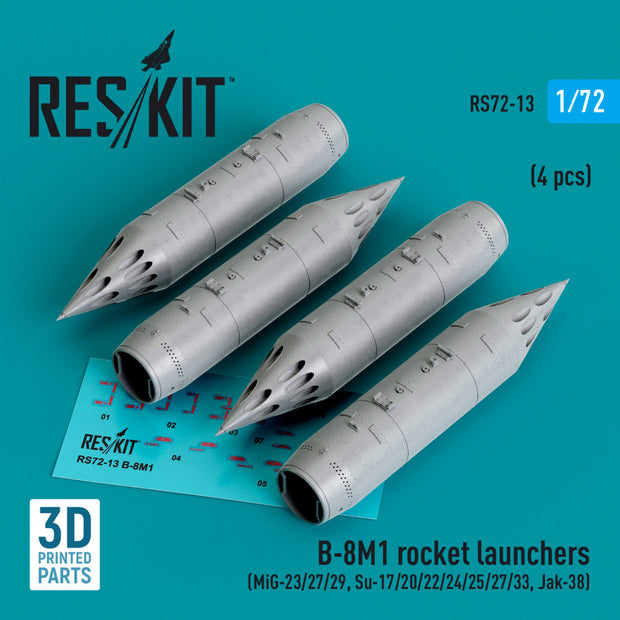 B-8M1 Rocket Launchers (4 pcs) (MiG-23/27/29, Su-17/20/22/24/25/27/33, Yak-38) (3D Printed) Scale 1:72 ResKit RS72-0013 for Aircraft Model Kit
