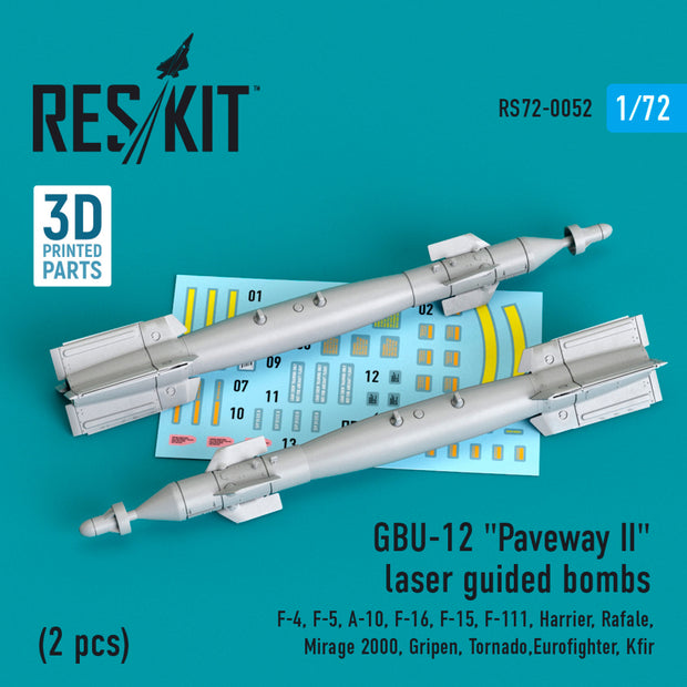 GBU-12 "Paveway II" Laser Guided Bombs (2 pcs) (F-4, F-5, A-10, F-16, F-15, F-111, Harrier, Rafale, Mirage 2000, Gripen, Tornado,Eurofighter, Kfir) (3D Printed) Scale 1:72 ResKit RS72-0052 for Aircraft Model Kit