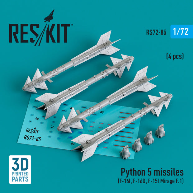 Python 5 Missiles (4 pcs) (F-16I, F-16D, F-15I, Mirage F.1) (3D Printed) Scale 1:72 ResKit RS72-0085 for Aircraft Model Kit