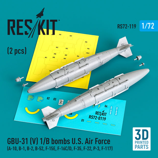 GBU-31 (V) 1/B Bombs U,S, Air Force (2 pcs) (A-10, B-1, B-2, B-52, F-15E, F-16C/D, F-35, F-22, P-3, F-117) (3D Printed) Scale 1:72 ResKit RS72-0119 for Aircraft Model Kit