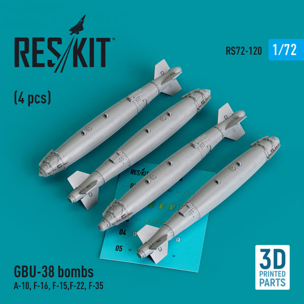 GBU-38 Bombs (4 pcs) (A-10, F-16, F-15,F-22, F-35) (3D Printed) Scale 1:72 ResKit RS72-0120 for Aircraft Model Kit