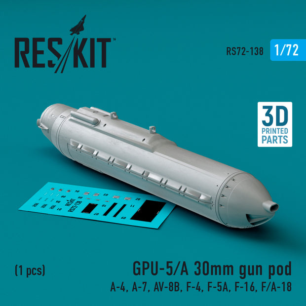 GPU-5/A 30mm gun pod (1 pcs) (A-4, A-7, AV-8B, F-4, F-5A, F-16, F/A-18) (3D Printed) Scale 1:72 ResKit RS72-0138 for Aircraft Model Kit