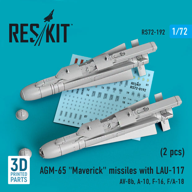 AGM-65 Maverick Missiles with LAU-117 (2 pcs) (AV-8B, A-10, F-16, F/A-18) (3D Printed) Scale 1:72 ResKit RS72-0192 for Aircraft Model Kit