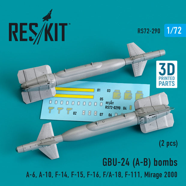 GBU-24 (A-B) Bombs (2 pcs) (A-6, A-10, F-14, F-15, F-16, F/A-18, F-111, Mirage 2000) (3D Printed) Scale 1:72 ResKit RS72-0290 for Aircraft Model Kit