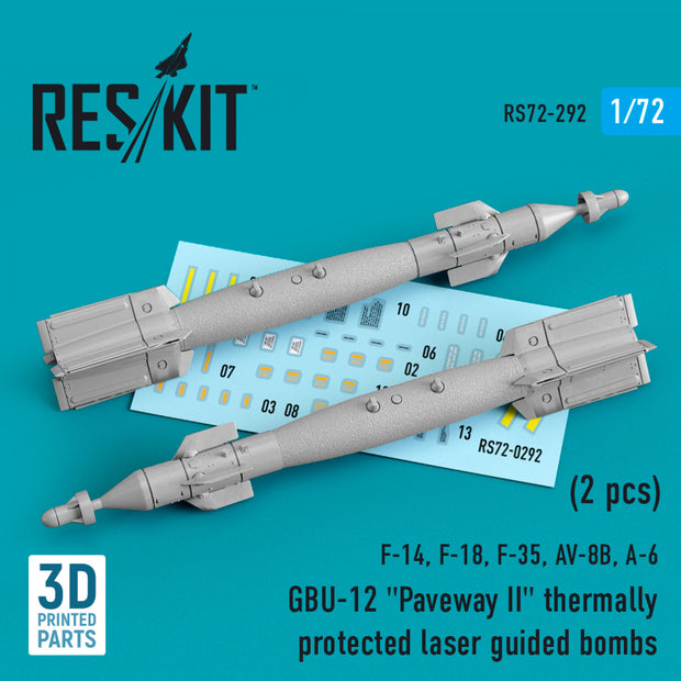 GBU-12 "Paveway II" Thermally Protected Laser Guided Bombs (2 pcs) (F-14, F-18, F-35, AV-8B, A-6) (3D Printed) Scale 1:72 ResKit RS72-0292 for Aircraft Model Kit