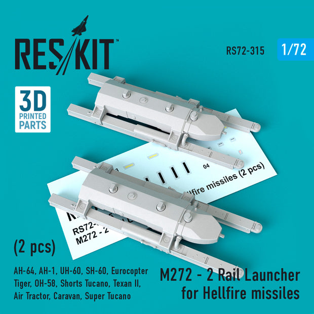 M272 - 2 Rail Launcher for Hellfire Missiles (2 pcs) (AH-64, AH-1, UH-60, SH-60, Eurocopter Tiger, OH-58, Shorts Tucano, Texan II, Air Tractor, Caravan, Super Tucano) Scale 1:72 ResKit RS72-0315 for Aircraft / Helicopters Model Kit