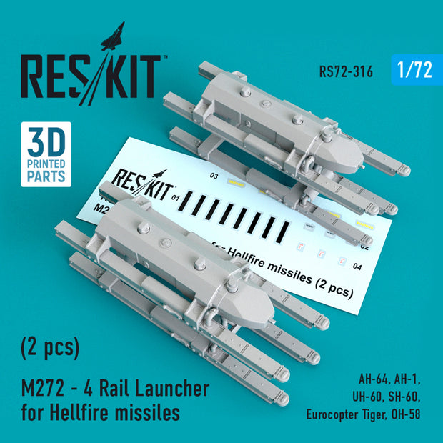 M272 - 4 Rail Launcher for Hellfire Missiles (2 pcs) (AH-64, AH-1, UH-60, SH-60, Eurocopter Tiger, OH-58) Scale 1:72 ResKit RS72-0316 for Aircraft / Helicopters Model Kit