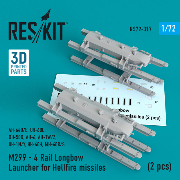 M299 - 4 Rail Longbow Launcher for Hellfire Missiles (2 pcs) (AH-64D/E, UH-60L, OH-58D, AH-6, AH-1W/Z, UH-1N/Y, HH-60H, MH-60R/S) Scale 1:72 ResKit RS72-0317 for Aircraft / Helicopters Model Kit