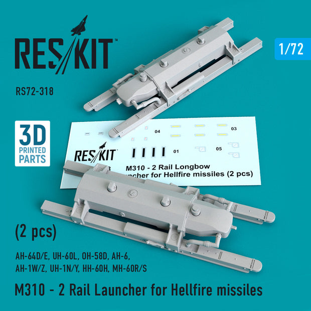M310 - 2 Rail Launcher for Hellfire Missiles (2 pcs) (AH-64D/E, UH-60L, OH-58D, AH-6, AH-1W/Z, UH-1N/Y, HH-60H, MH-60R/S) Scale 1:72 ResKit RS72-0318 for Aircraft / Helicopters Model Kit