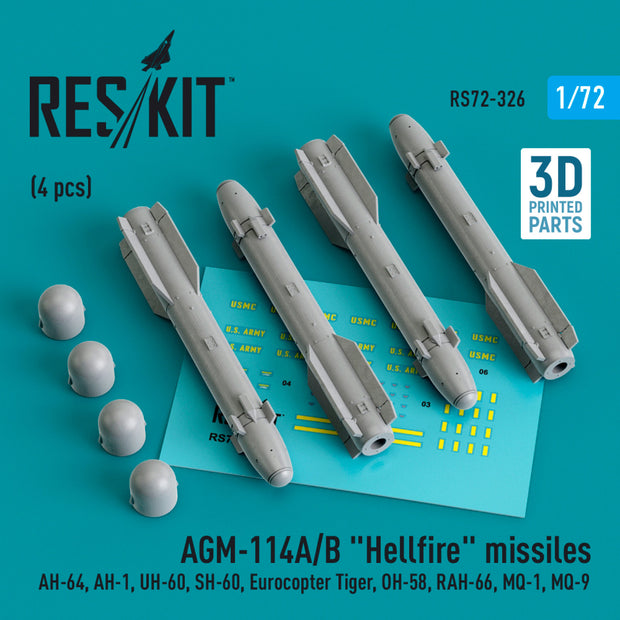 AGM-114A/B Hellfire Missiles (4 pcs) (AH-64, AH-1, UH-60, SH-60, Eurocopter Tiger, OH-58, RAH-66, MQ-1, MQ-9) (3D Printed) Scale 1:72 ResKit RS72-0326 for Aircraft / Helicopters Model Kit