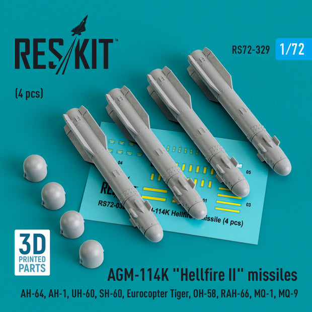 AGM-114K Hellfire II Missiles (4 pcs) (AH-64, AH-1, UH-60, SH-60, Eurocopter Tiger, OH-58, RAH-66, MQ-1, MQ-9) (3D Printed) Scale 1:72 ResKit RS72-0329 for Aircraft / Helicopters Model Kit