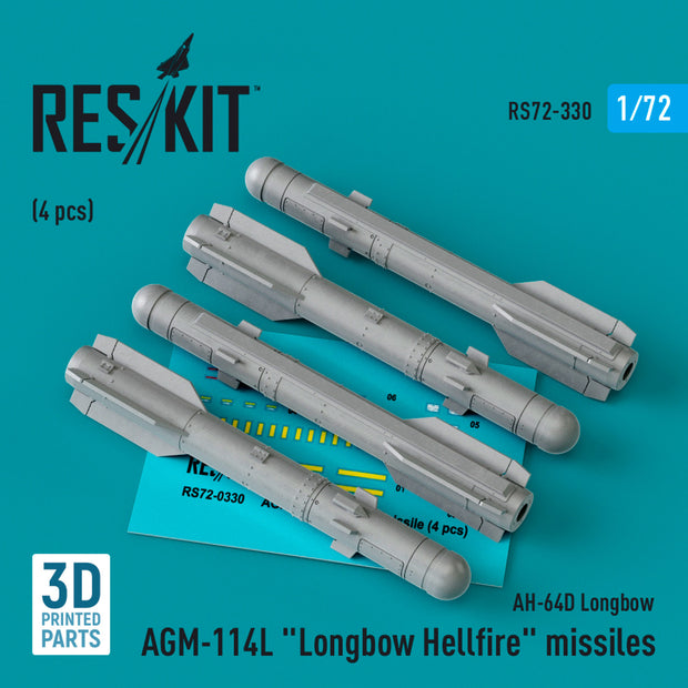 AGM-114L Longbow Hellfire Missiles (4 pcs)(AH-64D Longbow) (3D Printed) Scale 1:72 ResKit RS72-0330 for Helicopters Model Kit