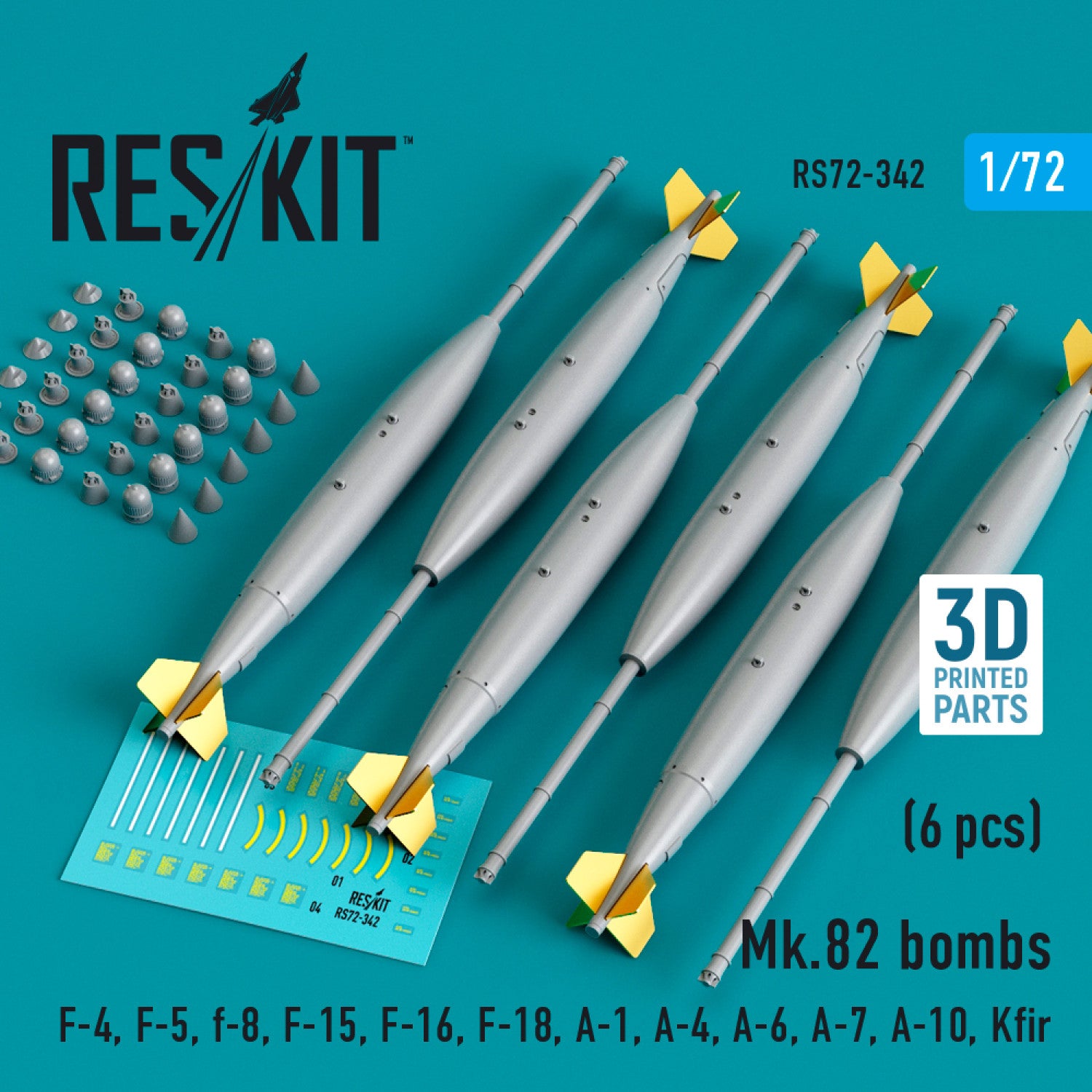 Mk.82 Bombs (6 pcs) (F-4, F-5, F-8, F-15, F-16, F-18, A-1, A-4, A-6, A-7, A-10, Kfir) (3D Printed) Scale 1:72 ResKit RS72-0342