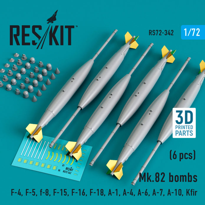 Mk.82 Bombs (6 pcs) (F-4, F-5, F-8, F-15, F-16, F-18, A-1, A-4, A-6, A-7, A-10, Kfir) (3D Printed) Scale 1:72 ResKit RS72-0342