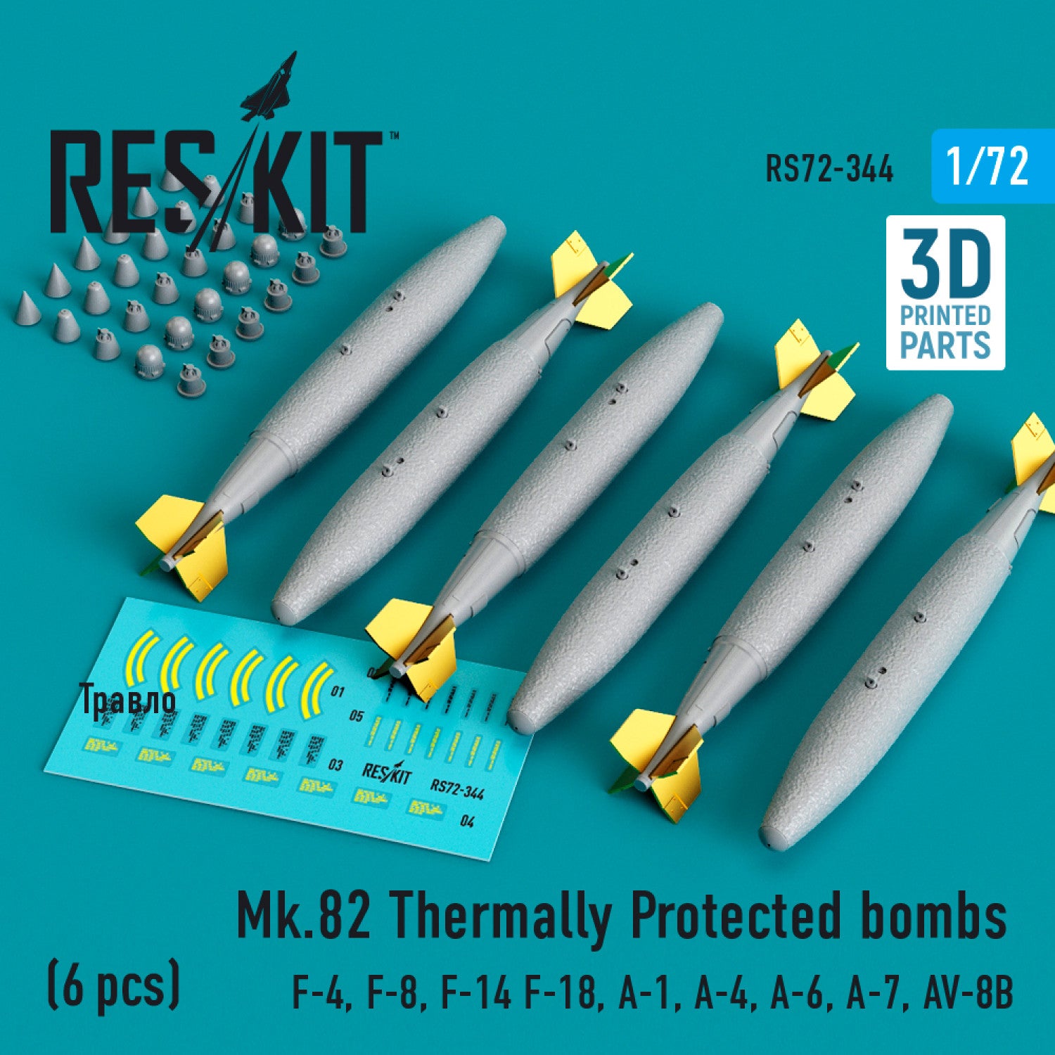 Mk.82 Thermally Protected Bombs (6 pcs) (F-4, F-8, F-14 F-18, A-1, A-4, A-6, A-7, AV-8B) (3D Printed) Scale 1:72 ResKit RS72-0344