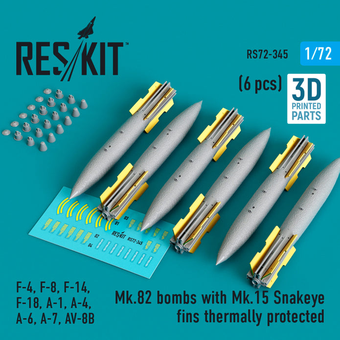 Mk.82 Bombs with Mk,15 Snakeye fins Thermally Protected (6 pcs) (F-4, F-8, F-14 F-18, A-1, A-4, A-6, A-7, AV-8B) (3D Printed) Scale 1:72 ResKit RS72-0345