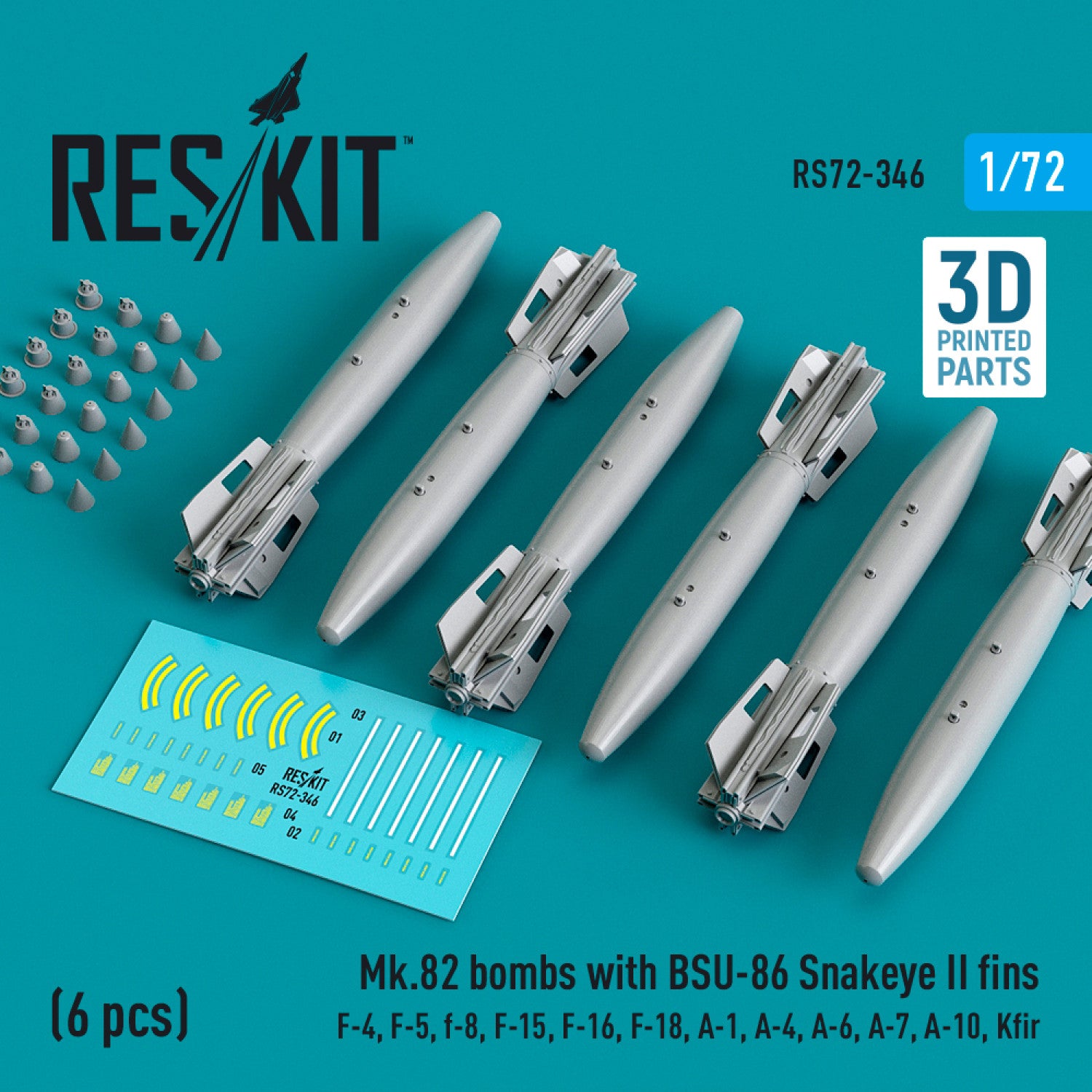 Mk.82 Bombs with BSU-86 Snakeye II fins (6 pcs) (F-4, F-5, F-8, F-15, F-16, F-18, A-1, A-4, A-6, A-7, A-10, Kfir) (3D Printed) Scale 1:72 ResKit RS72-0346