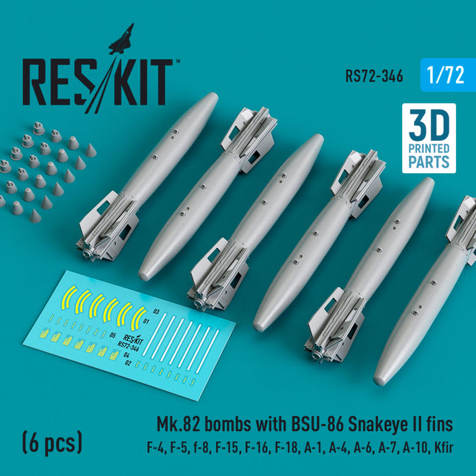 Mk.82 Bombs with BSU-86 Snakeye II fins (6 pcs) (F-4, F-5, F-8, F-15, F-16, F-18, A-1, A-4, A-6, A-7, A-10, Kfir) (3D Printed) Scale 1:72 ResKit RS72-0346