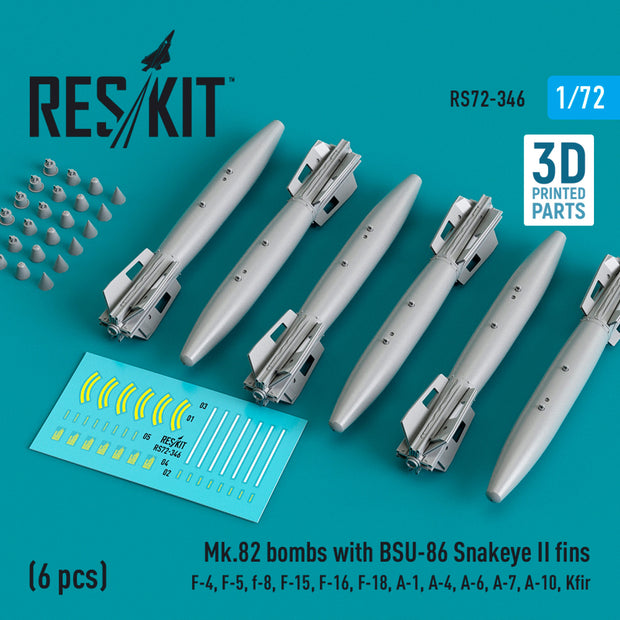 Mk.82 Bombs with BSU-86 Snakeye II fins (6 pcs) (F-4, F-5, F-8, F-15, F-16, F-18, A-1, A-4, A-6, A-7, A-10, Kfir) (3D Printed) Scale 1:72 ResKit RS72-0346