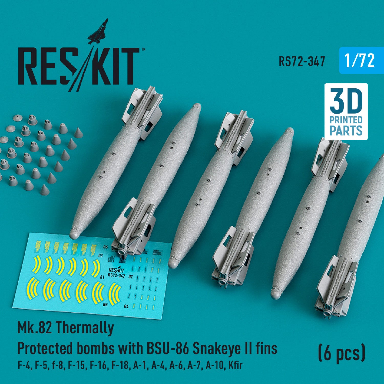 Mk.82 Bombs with BSU-86 Snakeye II fins (6 pcs) (F-4, F-5, F-8, F-15, F-16, F-18, A-1, A-4, A-6, A-7, A-10, Kfir) (3D Printed) Scale 1:72 ResKit RS72-0347