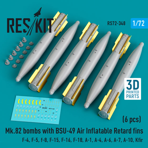 Mk.82 Bombs with BSU-49 air inflatable retard fins (6 pcs) (F-4, F-5, F-8, F-15, F-16, F-18, A-1, A-4, A-6, A-7, A-10, Kfir) (3D Printed) Scale 1:72 ResKit RS72-0348 for Aircraft Model Kit