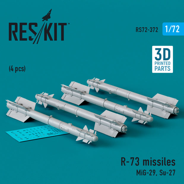 R-73 Missiles (4 pcs) (MiG-29, Su-27) (3D Printed) Scale 1:72 ResKit RS72-0372 for Aircraft Model Kit