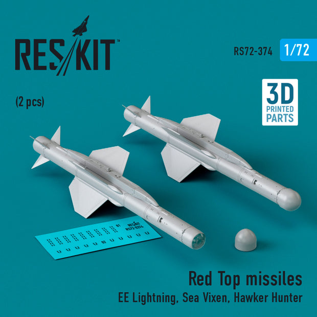 Red Top Missiles (2 pcs) (EE Lightning, Sea Vixen, Hawker Hunter) (3D Printed) Scale 1:72 ResKit RS72-0374 for Aircraft Model Kit