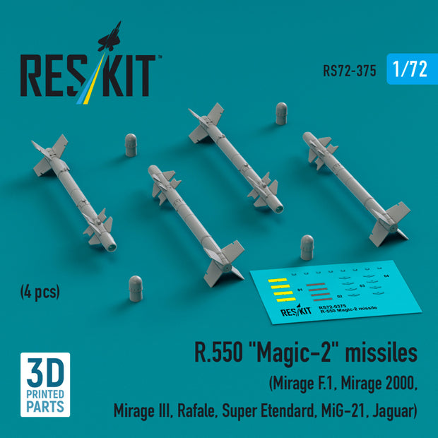 R.550 Magic-2 missiles (4 pcs) (Mirage F.1, Mirage 2000, Mirage III, Rafale, Super Etendard, MiG-21, Jaguar) (3D Printed) Scale 1:72 ResKit RS72-0375