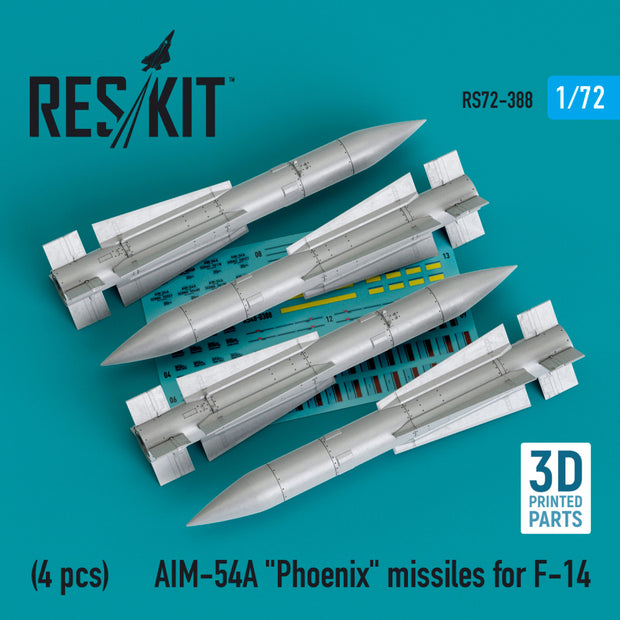 AIM-54A Phoenix Missiles for Grumman F-14 (4pcs) (3D Printed) Scale 1:72 ResKit RS72-0388 for Aircraft Model Kit