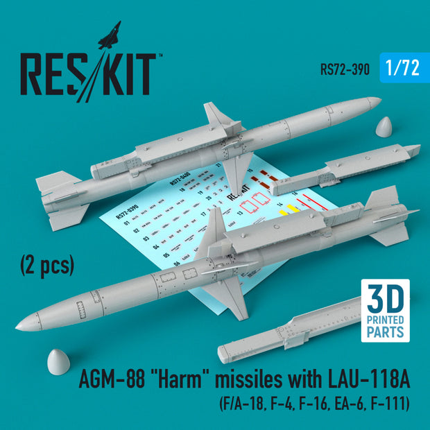 AGM-88 Harm Missiles with LAU-118A (2 pcs) (F/A-18, F-4, F-16, EA-6, F-111) Scale 1:72 ResKit RS72-0390 for Aircraft Model Kit