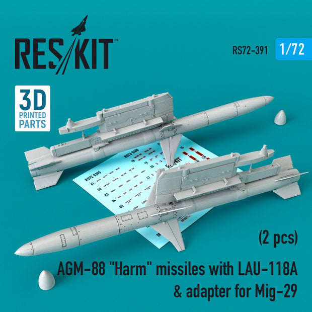 AGM-88 Harm Missiles with LAU-118 & adapter for Mig-29 (2 pcs) Scale 1:72 ResKit RS72-0391