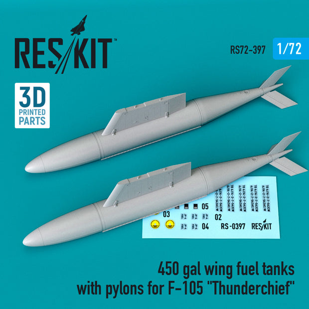 450 gal wing Fuel Tanks with Pylons for Republic F-105 Thunderchief (2 pcs) Scale 1:72 ResKit RS72-0397 for Aircraft Model Kit