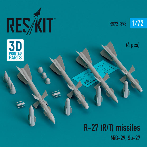 R-27 (R/T) Missiles (4 pcs) (MiG-29, Su-27) (3D Printed) Scale 1:72 ResKit RS72-0398 for Aircraft Model Kit