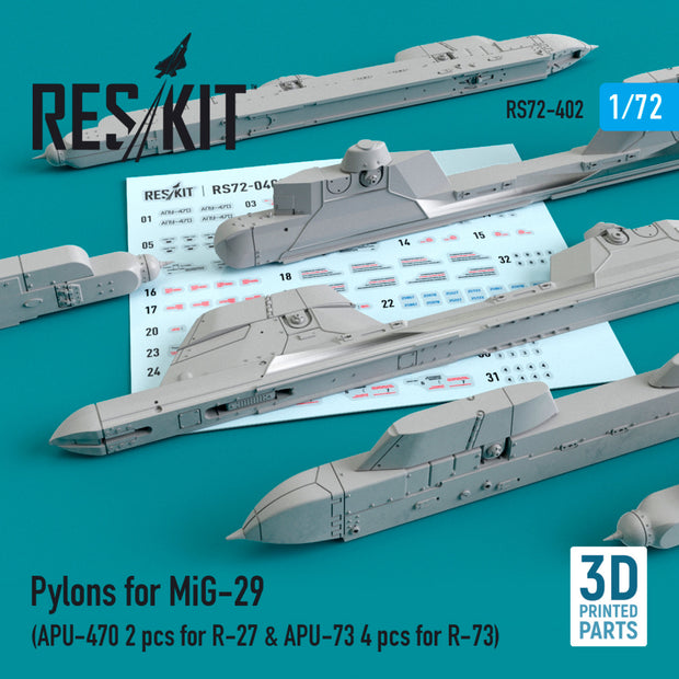 Pylons for MiG-29 (APU-470 2 pcs for R-27 & APU-73 4 pcs for R-73) Scale 1:72 ResKit RS72-0402 for Aircraft Model Kit