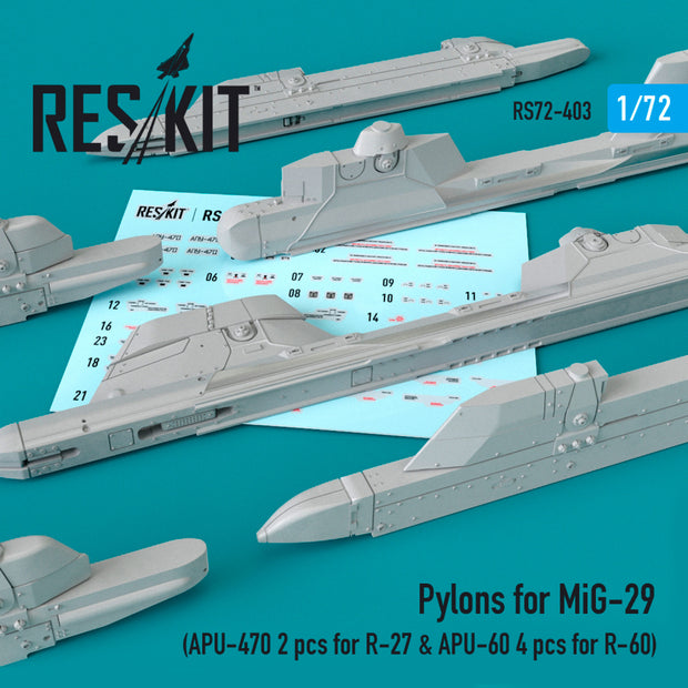 Pylons for MiG-29 (APU-470 2 pcs for R-27 & APU-60 4 pcs for R-60) Scale 1:72 ResKit RS72-0403 for Aircraft Model Kit