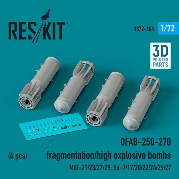 OFAB-250-270 fragmentation/high explosive Bombs (4 pcs) (MiG-21/23/27/29, Su-7/17/20/22/24/25/27) (3D Printed) Scale 1:72 ResKit RS72-0404 for Aircraft Model Kit